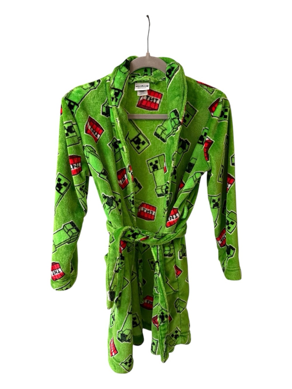 Minecraft Creeper TNT Fleece Robe Boys Size 12 Green Bathrobe Pockets Belt